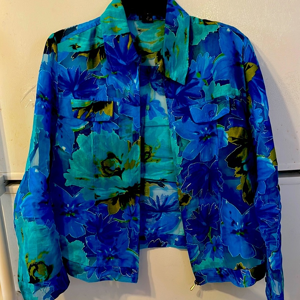 Notations Turquoise & Royal Blue Floral Jacket Size PL Sheer